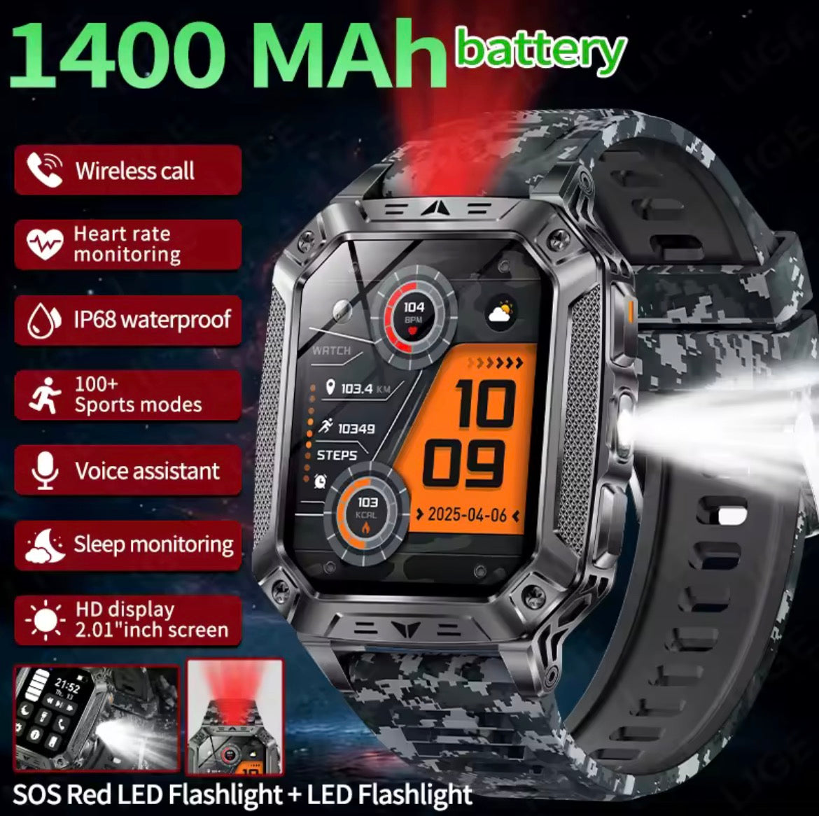 LIGE Military Smart Watch 2.01''HD Screen Outdoor Sports Men's Watch SOS Red Alarm Flashing Flashlight Health Monitor Smartwatch