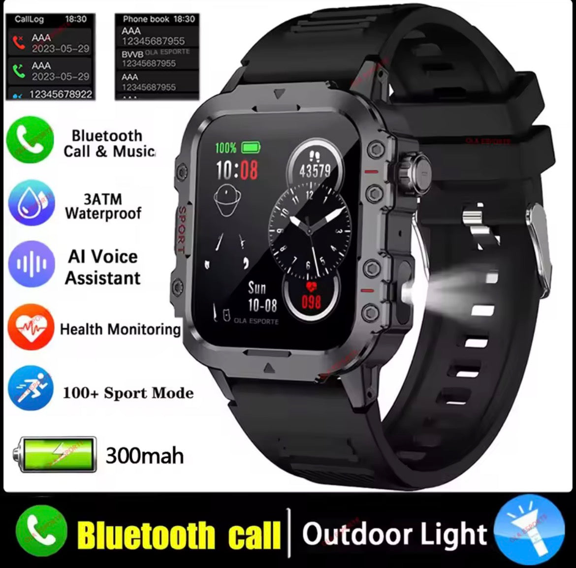 2026 Rugged Military Smart Watch Men's Outdoor Watch LED Flashlight 2.01'' HD Touch Screen Voice Bluetooth Call Smartwatch Gifts