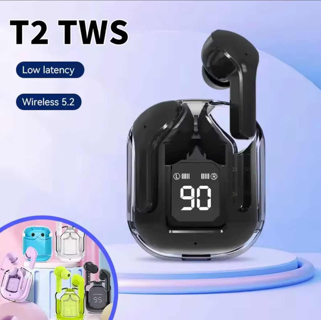 T2 Wireless Bluetooth Earphone Transparent HIFI Headphones LED Power Digital Display Stereo Sound Earphones