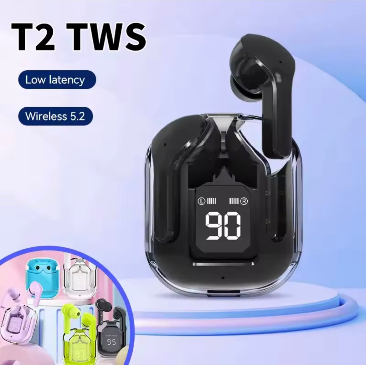 T2 Wireless Bluetooth Earphone Transparent HIFI Headphones LED Power Digital Display Stereo Sound Earphones