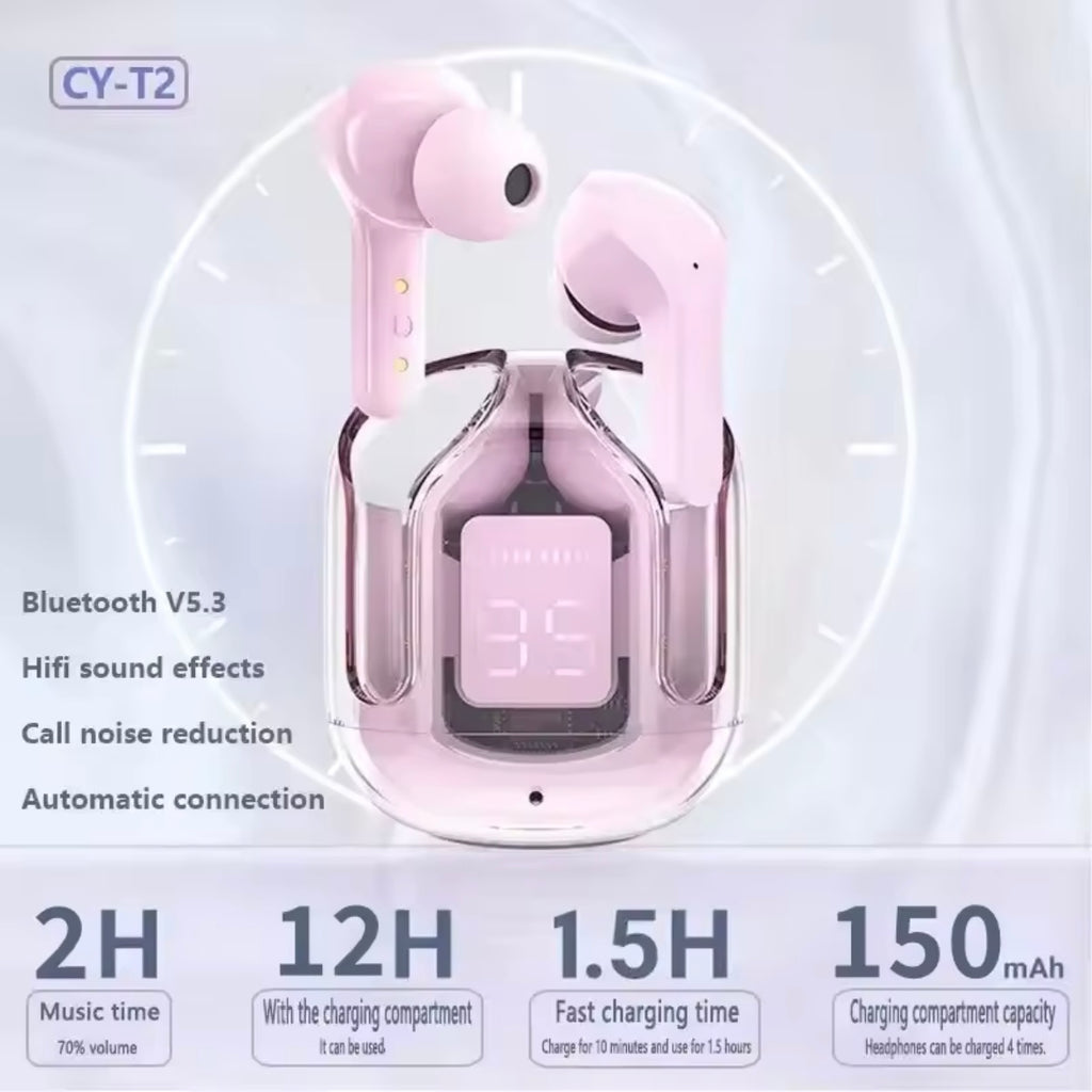 T2 Wireless Bluetooth Earphone Transparent HIFI Headphones LED Power Digital Display Stereo Sound Earphones