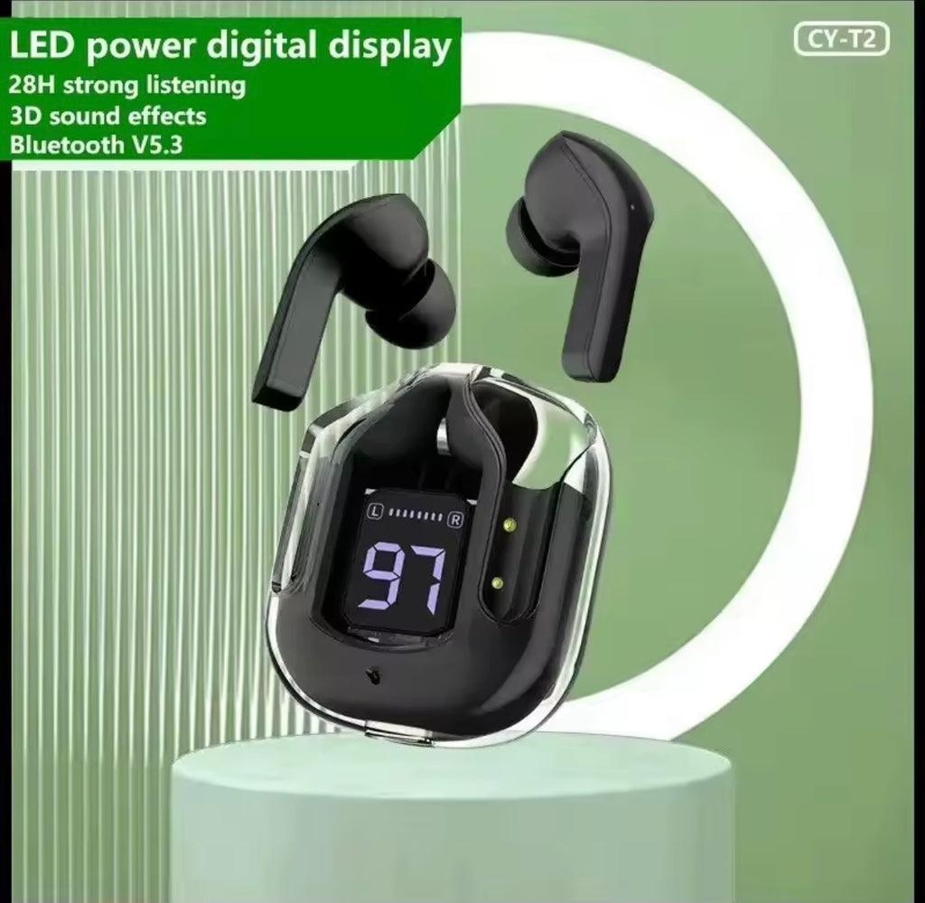 T2 Wireless Bluetooth Earphone Transparent HIFI Headphones LED Power Digital Display Stereo Sound Earphones