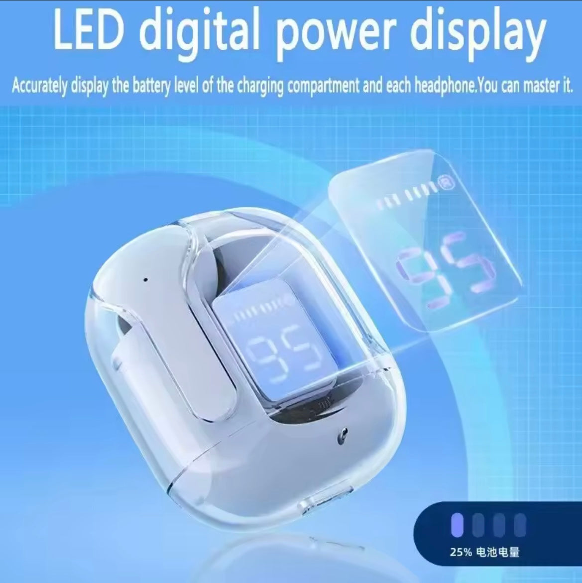 T2 Wireless Bluetooth Earphone Transparent HIFI Headphones LED Power Digital Display Stereo Sound Earphones