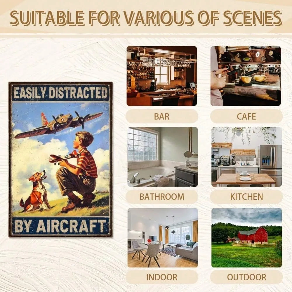 Aviation Themed Vintage Tin Sign, Retro Airplane Metal Wall Art Decor for Home Garage Office