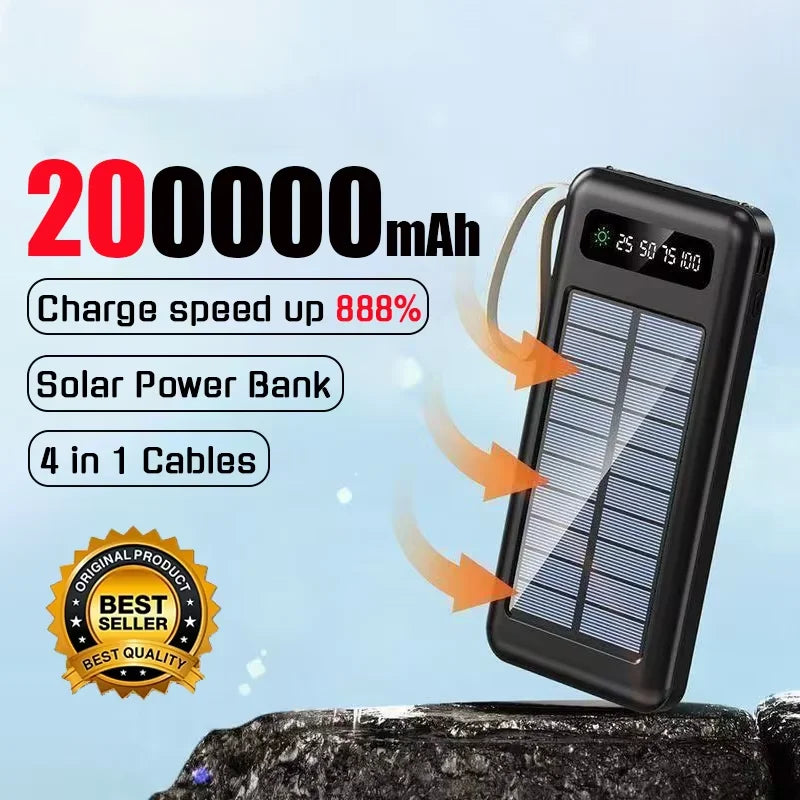 200000mAh Solar Power Bank – Large Capacity Portable Charger with Dual USB, 4 Built-In Cables, Fast Charging & LED Display