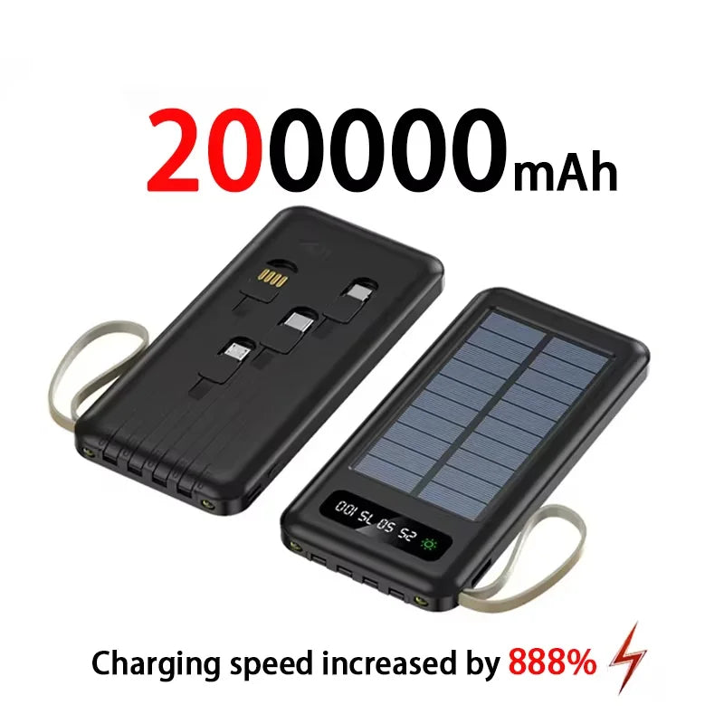200000mAh Solar Power Bank – Large Capacity Portable Charger with Dual USB, 4 Built-In Cables, Fast Charging & LED Display
