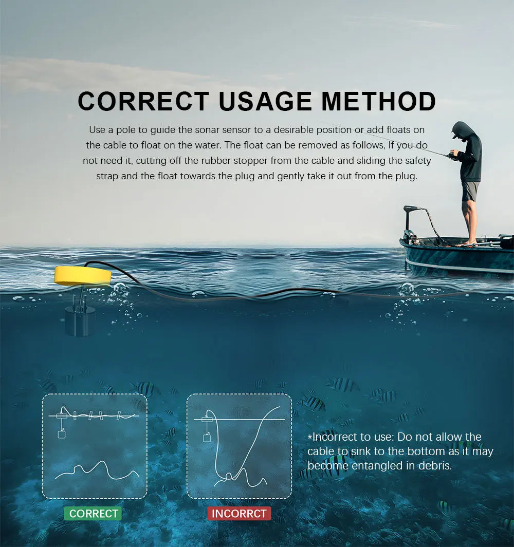 FFC1108-1 Alarm 100M Portable Sonar Fish Finders 45 degrees Sonar Coverage Echo Sounder Alarm Transducer Lake Sea Fishing