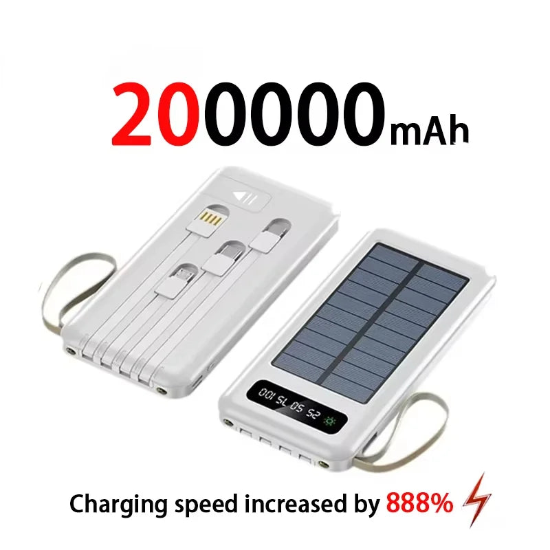 200000mAh Solar Power Bank – Large Capacity Portable Charger with Dual USB, 4 Built-In Cables, Fast Charging & LED Display