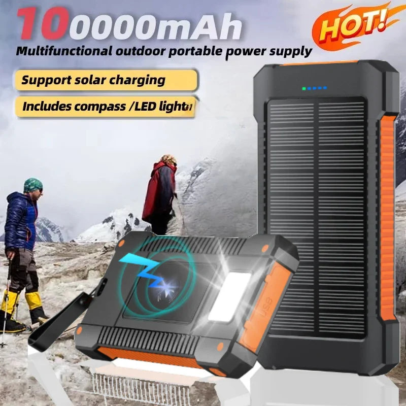 100000mAh Solar Power Bank 100W USB-C Portable Charger Waterproof with SOS Flashlight & LED Lamp
