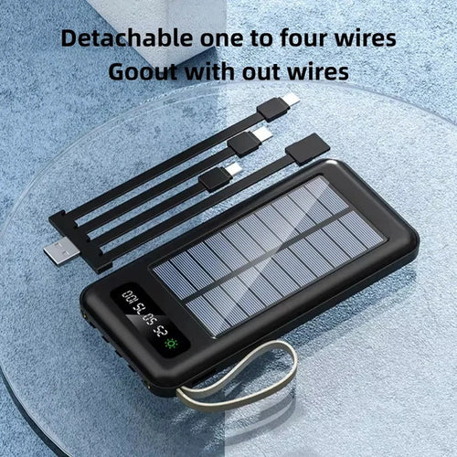 200000mAh Solar Power Bank – Large Capacity Portable Charger with Dual USB, 4 Built-In Cables, Fast Charging & LED Display
