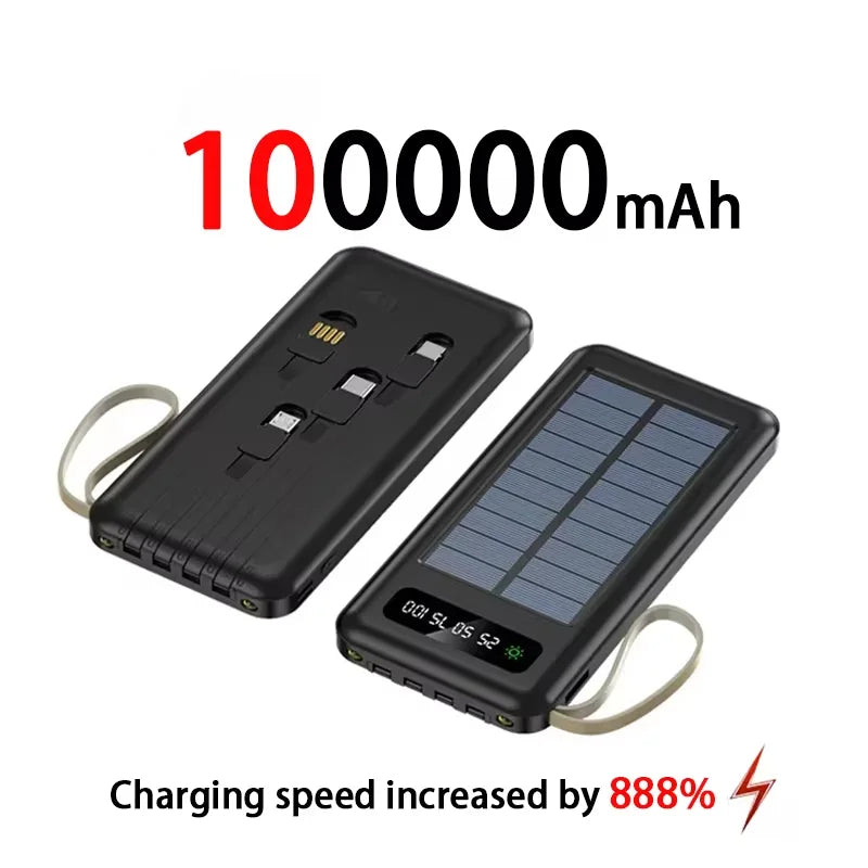 200000mAh Solar Power Bank – Large Capacity Portable Charger with Dual USB, 4 Built-In Cables, Fast Charging & LED Display
