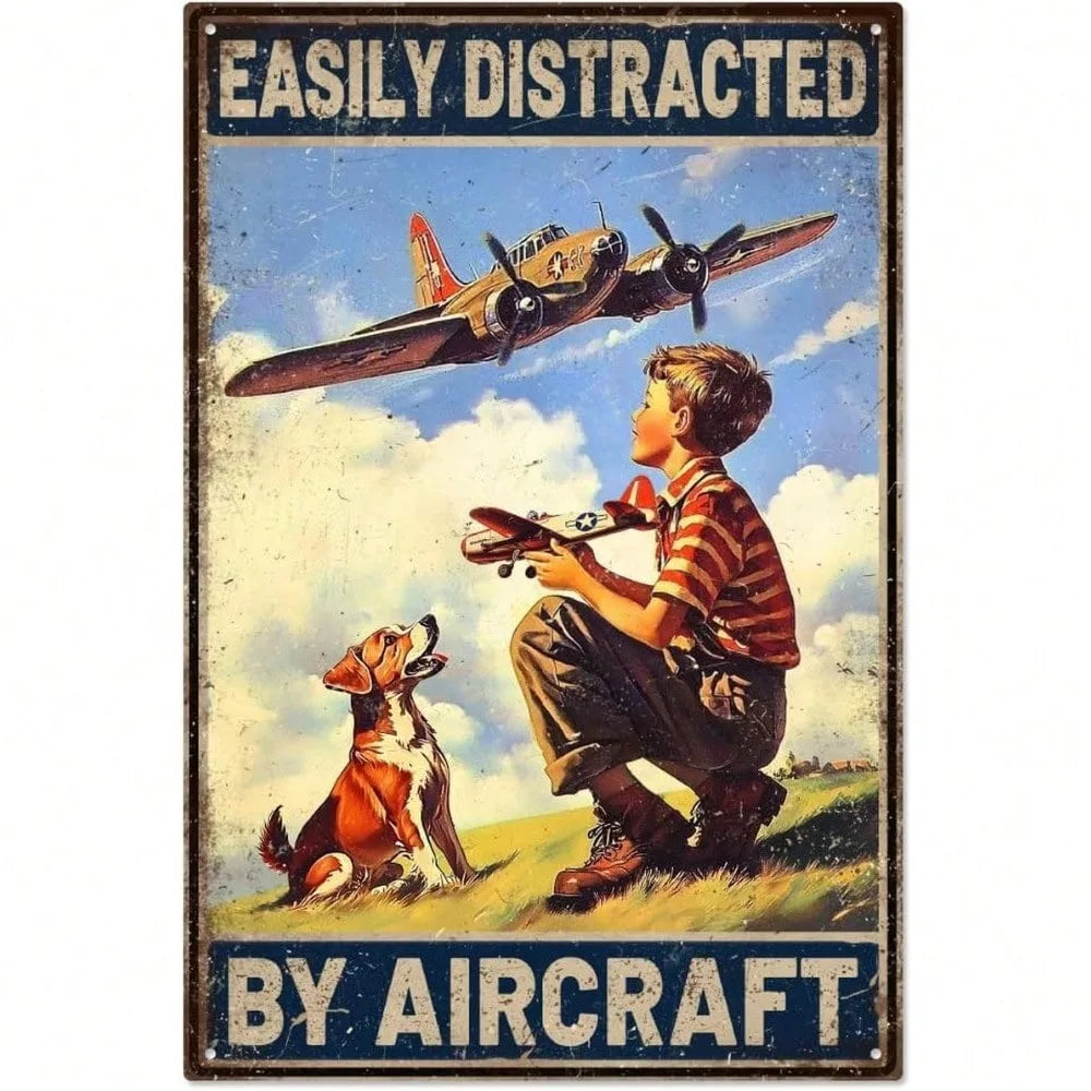Aviation Themed Vintage Tin Sign, Retro Airplane Metal Wall Art Decor for Home Garage Office