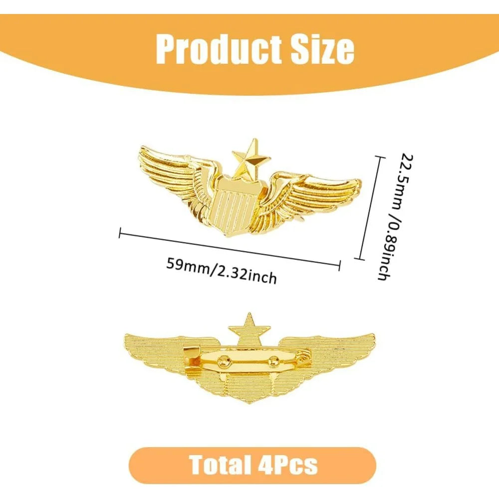 4Pcs Wings Pin Gold Wing Pilot Badge Pilot Costume Lapel Pin Alloy Brooch Air Force Wing Pin Pilot Wing Pin Metal Aviator Wings