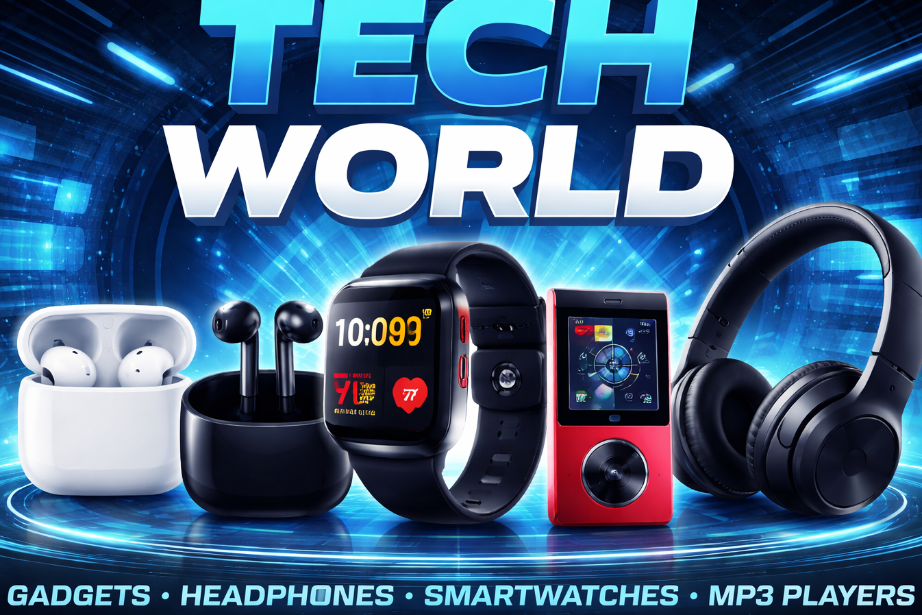 Promotional graphic for 'Tech World' featuring gadgets, headphones, smartwatches, and MP3 players on a futuristic background.